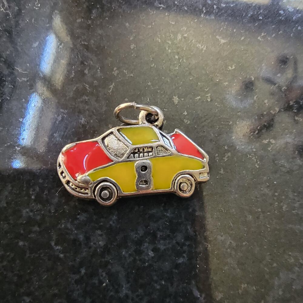 Vintage Charm Enamel Race Car Pendant Yellow Red 8 Silver Tone Sports Coupe Toy